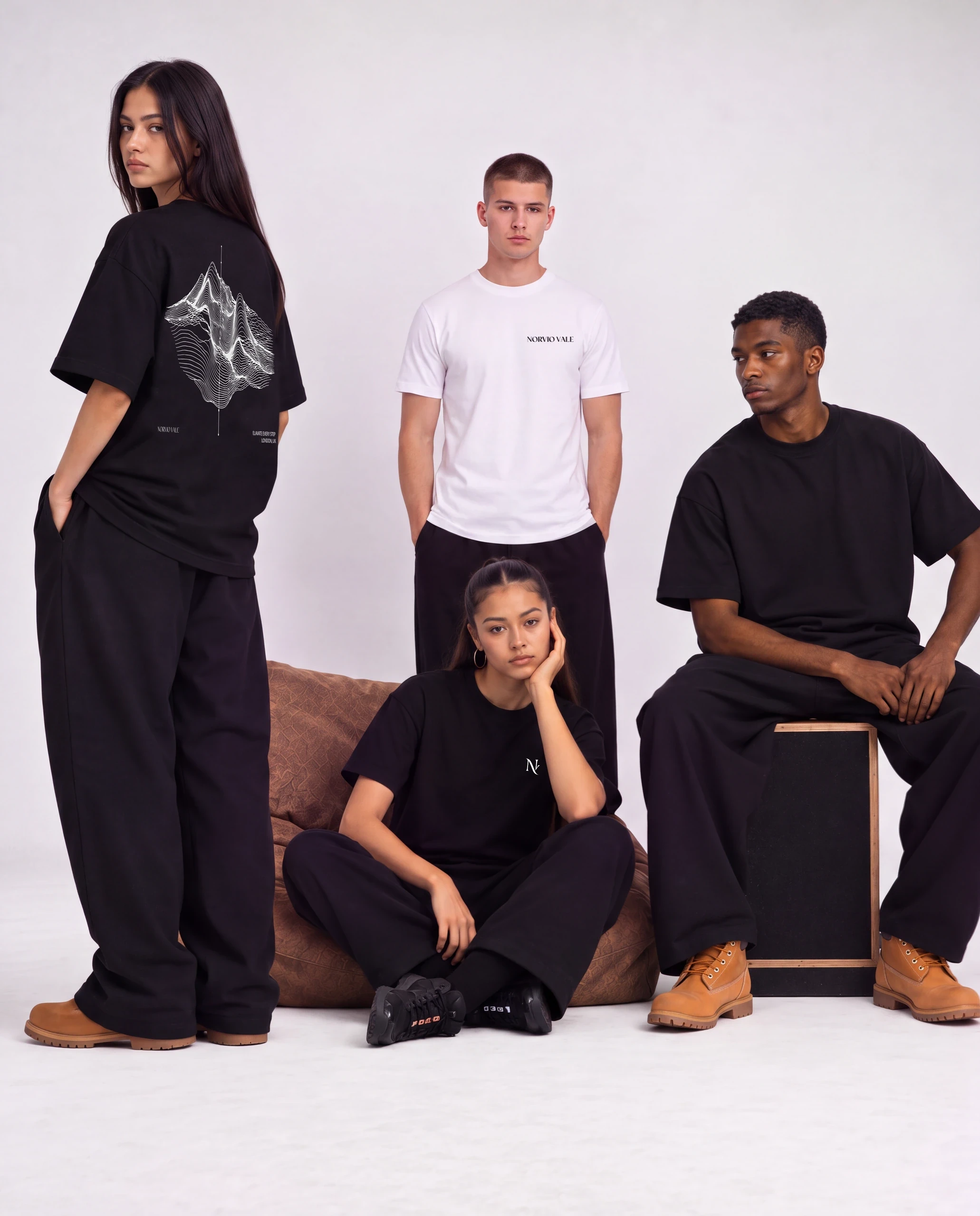 Four models in a studio wearing the Norvio Vale black and white tee collection