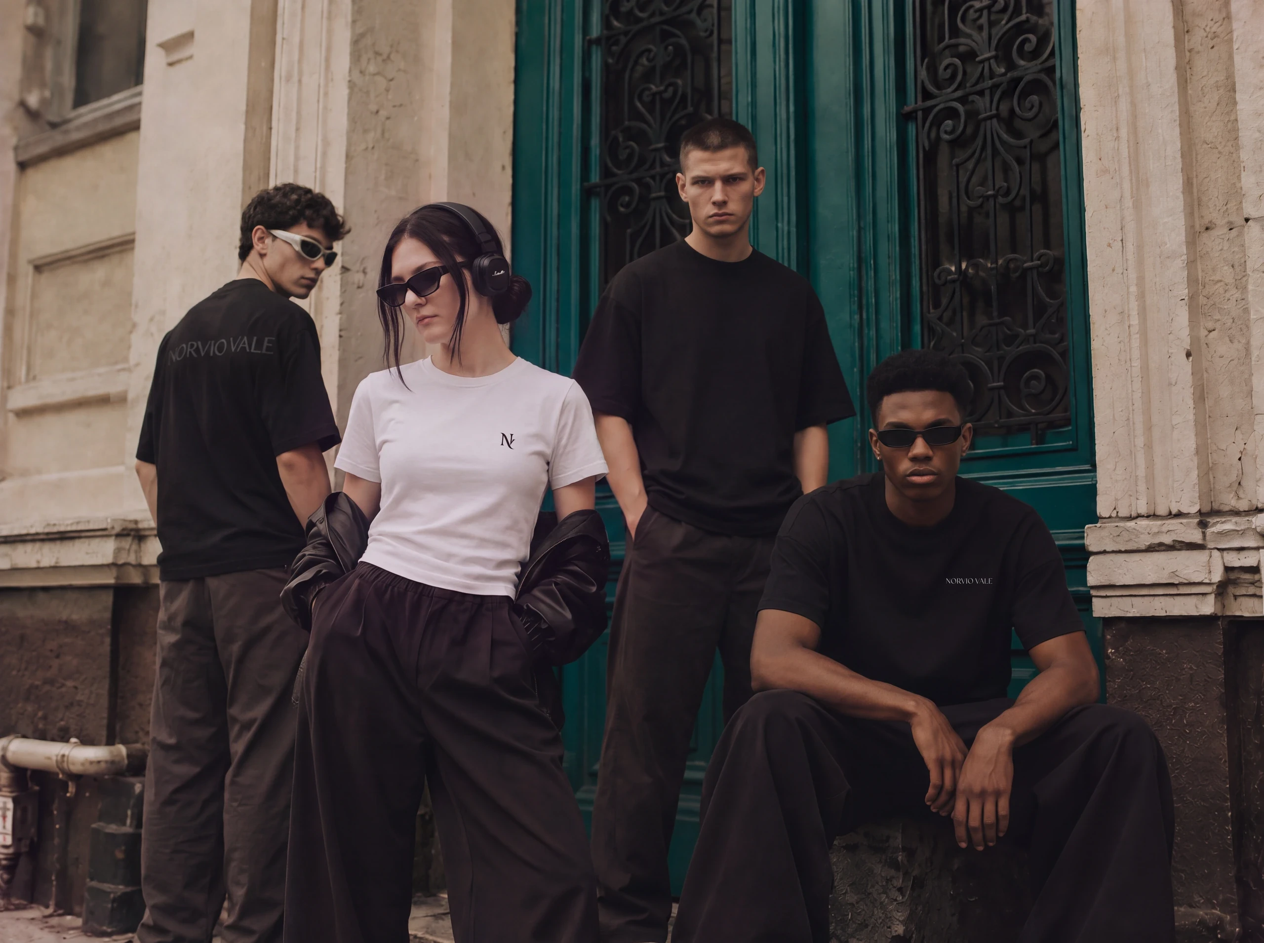 Four models wearing black and white Norvio Vale tees outside a stone building